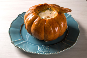 Prawns in Pumpkin (Camarao na Moranga) - Prawns with a creamy coconut milk sauce served inside a...