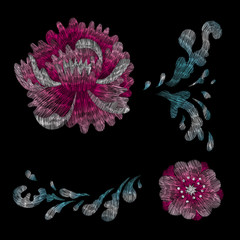 Crane and flowers plant. Traditional folk stylish stylish floral embroidery on the black background. Sketch for printing on fabric, clothing, bag, accessories and design. Vector, trend