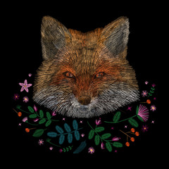 portrait a fox, rowan plant. traditional stylish fashionable embroidered embroidery on a black background. sketch for printing on fabric, bag, clothes, accessories and design. trend vector. chihuahua