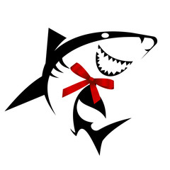 Smiling Shark with red bow mascot sport symbol. Vector Illustration isolated on white background. 