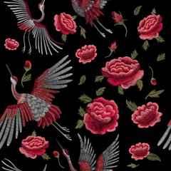 Gardinen Crane and flowers plant. Traditional folk stylish stylish floral embroidery on the black background. Sketch for printing on fabric, clothing, bag, accessories and design. Vector, trend © chikovnaya