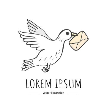 Hand drawn doodle Postal element -pigeon with letter icon isolated on white background. Vector illustration. Post symbols. Cartoon mail element: letter, envelope, package, delivery dove, flying bird.