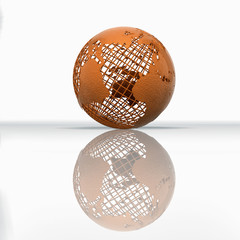 Metal globe of Earth on shiny white surface. 3D Rendering
