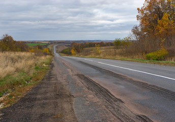 Fototapeta na wymiar Empty rural road at cloudy autumnal day in Sumskaya oblast, Ukraine