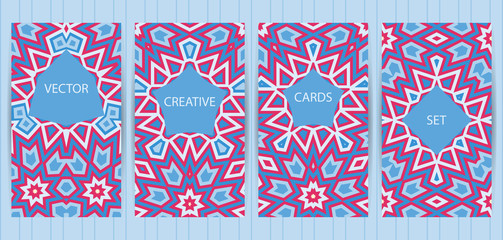 Cards with geometric, ethnic design. Bright colorful templates set. Vector backgrounds for restaurant menu, flyer, business card, brochure, banner, placard etc.