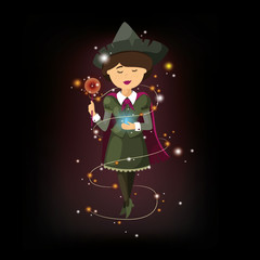 young sorceress witch in a green suit on a black background with a magic stick. halloween, vector
