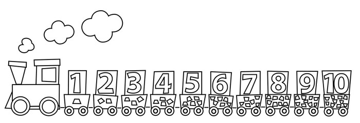Coloring page with math train and numbers 1- 10