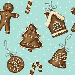 Christmas seamless pattern with hand drawn gingerbread. Merry Christmas and Happy New Year. Sketch. Vintage background can be used for wallpaper, web page background, surface textures, textile