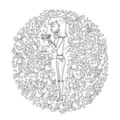 Hand drawn doodle girl icon - young woman wearing a warm pullover holding cup with tea surrounded by holly floral decoration isolated on white background. Cartoon vector illustration. Merry Christmas