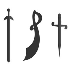 Set of historical swords saber silhouettes. Illustration with vector slashing weapons. Cavalry sword, sabre on a white background.