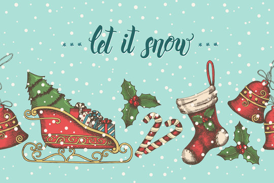 Vintage seamless pattern with hand drawn christmas objects and hand made lettering "let it snow". Sketch. Christmas background can be used for wallpaper, web page background, banner, textile