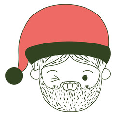 santa claus kawaii face wink eye and smiling expression with christmas hat on color section silhouette