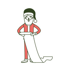 santa claus caricature full body holding a gift list in paper with hat and costume on color section silhouette