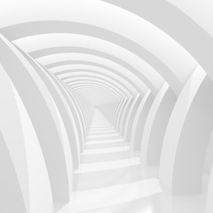 Futuristic white corridor with abstract columns and bright light. 3D Rendering.