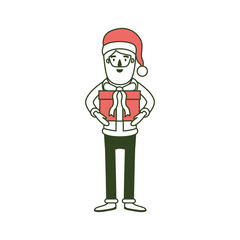 Fototapeta na wymiar santa claus caricature full body with gift box hat and costume on color section silhouette