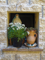 Home various flowers in pots. Design Italian courtyards