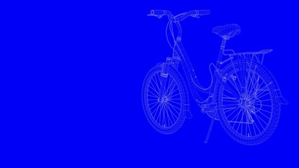 3d rendering of a blue print bike in white lines on a blue background