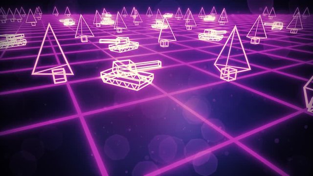 Retro 80s game tanks VHS tape video war battle vector arcade tron wireframe 4k