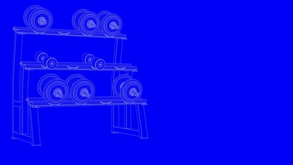 3d rendering of a blueprint gym equipments in white lines on a blue background