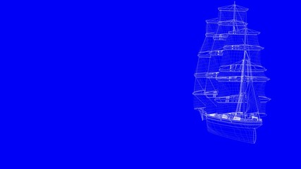3d rendering of a blue print sail boat in white lines on a blue background