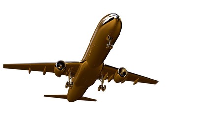 3d rendering of a golden airplane on isolated on a white background