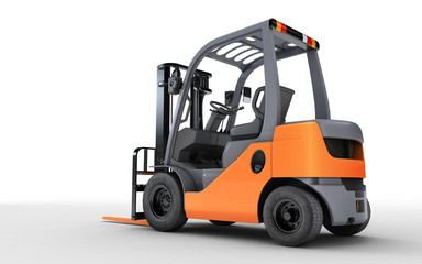 3d rendering forklift truck isolated on white background. Rear view