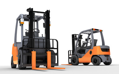 2 forklift trucks isolated on white background. Front and rear view. 3d illustration