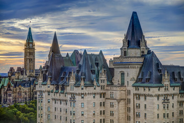 Parliament Hill and Chateau Laurier at Sunset Ottawa - obrazy, fototapety, plakaty