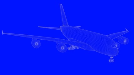 Fototapeta na wymiar 3d rendering of a blue print airplane in white lines on a blue background