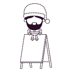 santa claus faceless cartoon sitting on wooden empty blank advertising on dotted monochrome silhouette