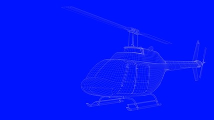 3d rendering of a blue print helicopter  in white lines on a blue background