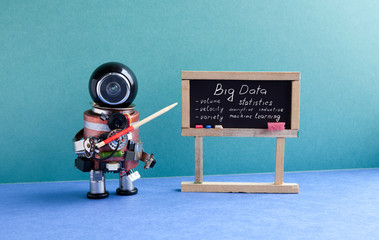 Big data machine learning concept. Futuric robot professor explains modern theory. Teacher with a...