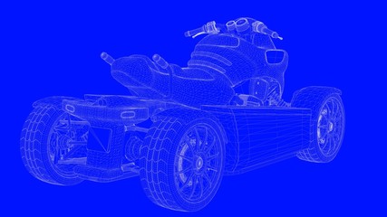 Fototapeta na wymiar 3d rendering of a blue print motor in white lines on a blue background