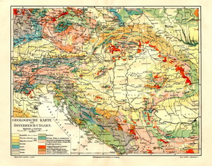 Naklejka premium Geological map of Austria-Hungary (from Meyers Lexikon, 1896, 13/282/283)