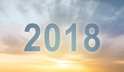 Naklejka na ściany i meble New year 2018 digits text sunset blur background