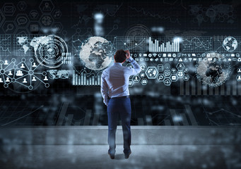 Businessman watching graph screens interface on a rooftop 3D rendering