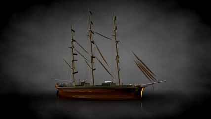 3d rendering of a golden pirate boat on a dark background