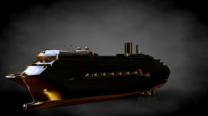 3d rendering of a golden ship on a dark background