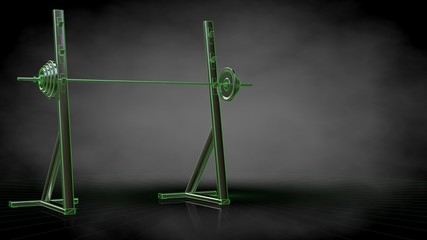 Fototapeta na wymiar 3d rendering of a reflective gym tools with green outlined lines as blueprint on dark background