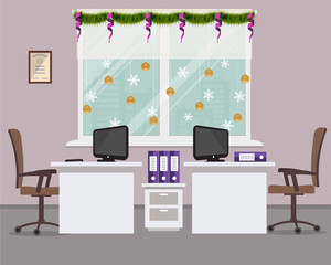 New Year in the office. Workplace for two office workers, decorated with Christmas decoration. There are desks, chairs, computers and other objects in purple color in the picture. Vector image