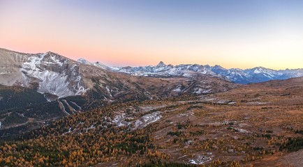 Autumn Sunset Landscape Panoramic View of Sunshine Meadows and Distant Mount Assiniboine in Banff National Park, Rocky Mountains Alberta Canada
