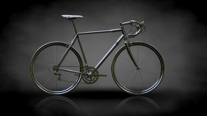 Fototapeta na wymiar 3d rendering of a metalic reflective bike on a dark background