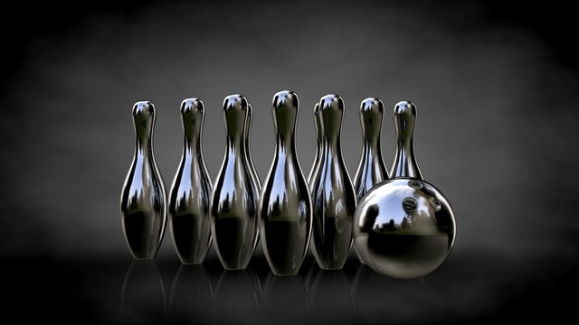 3d rendering of a metalic reflective bowling set on a dark background