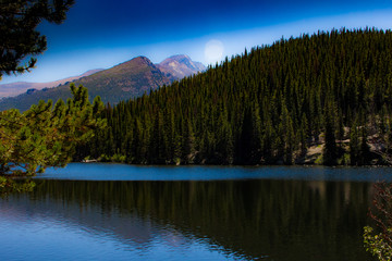 Mountain Scenery at lake with forest trees reflecting in blue water