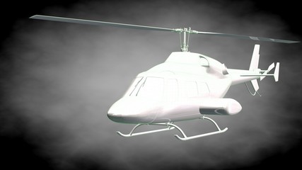 3d rendering of a reflective  helicopter with green outlined lines as blueprint on dark background