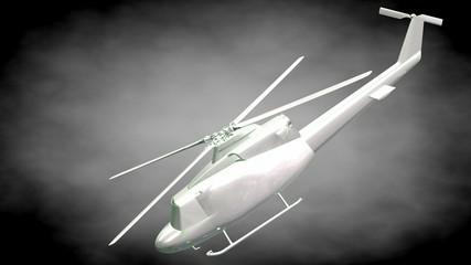 3d rendering of a reflective  helicopter with green outlined lines as blueprint on dark background