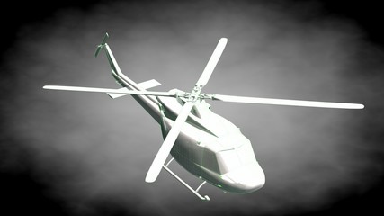 Fototapeta na wymiar 3d rendering of a reflective helicopter with green outlined lines as blueprint on dark background