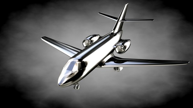 3d rendering of a metalic reflective airplane on a dark background