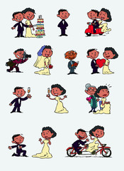 Set of chic and romantic black characters bride and groom. Newlyweds dancing, in romantic attitude, hugging... Elements for wedding invitations. Vector illustration in cartoon style.