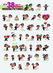 Set of thirty-eight chic and romantic black characters bride and groom. Newlyweds dancing, in romantic attitude, hugging... Elements for wedding invitations. Vector illustration in cartoon style.